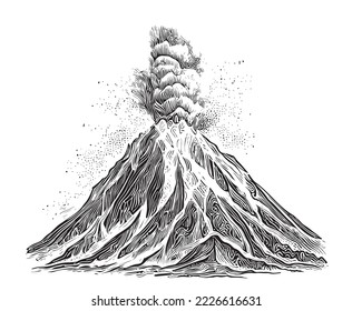 Volcano spewing lava hand drawn sketch engraving style Vector illustration.