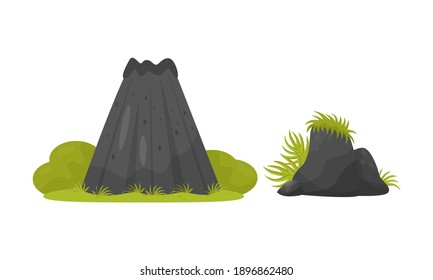 Volcano and Stones as Tropical Jungle Landscape Elements Vector Set