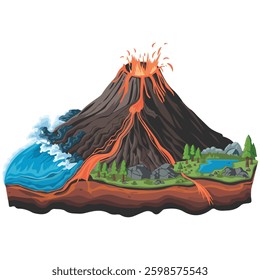 Volcano structure banner isolated vector illustration on white background