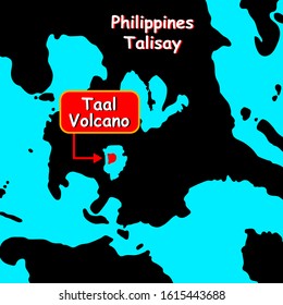 Volcano Taal on map Philippines islands. Silhouette chart. Eruption. Disaster on the islands of the Philippines. Pray for Talisay. Save the islands.Location.San Nicolas an island in the pacific ocean.