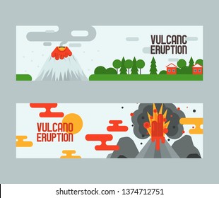 Volcano vector eruption explosion convulsion of nature volcanic in mountains illustration backdrop poster set of volcanology background wallpaper.