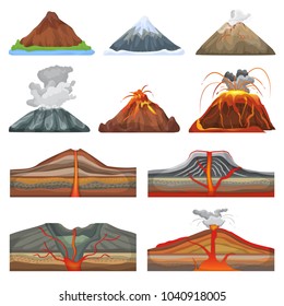 Vulkanvektorausbruch und Vulkanismus oder Explosionsanfall des Vulkans in der Natur in Gebirgsgrafik Satz von Vulkanologie einzeln auf weißem Hintergrund