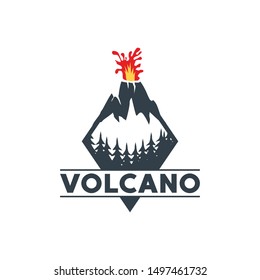 Volcano vector illustration. Nature disaster eruption with smoke, lava, clouds in the sky. Flat design logo template. Outdoor adventure. Vector graphic for t shirt and other uses. Mountain Logo.