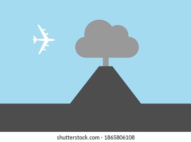 Volcano, volcanic eruption and flying airplane and plane in blue sky. Vector illustration