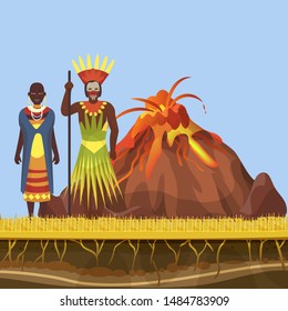 The volcano woke up and spewed out lava, fire and flame in Africa with african aborigens vector illustration. Volcanic activity, magma and african native tribe family.