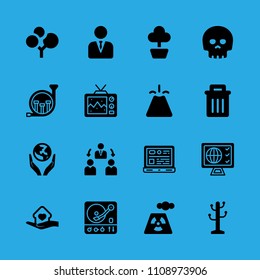volcano, world in your hands, french horn, garbage, shelter, manager, power plant, manager and turntable vector icon. Simple icons set
