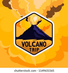 Volcano yellow sky badge with rocky shape and smoke of volcano explosion, vintage retro colored styled sticker for expeditions, events, apparel, banners etc