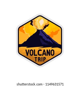 Volcano yellow sky badge with rocky shape and smoke of volcano explosion, vintage retro colored styled sticker for expeditions, events, apaprel, banners etc