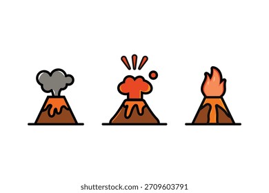 Ilustración de arte de línea de Vector de etapas de erupción volcánica aislada sobre fondo transparente