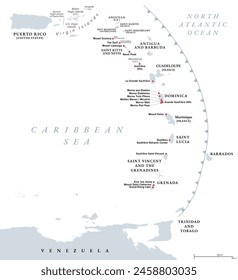 Volcanoes of the Caribbean islands, political map. Map of crescent-shaped island arc of Lesser Antilles, showing potentially active volcanoes, of which the best known is Mount Pelee in Martinique.