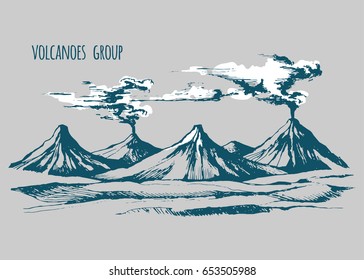 Volcanoes landscape vector sketch artist. Smoke before the eruption. Color illustration.