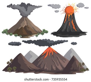 Volcanoes with magma, lava and smoke. Mountain landscapes. Vector illustration