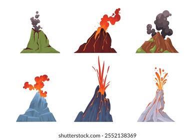 Volcanes. Erupción de las montañas con explosión de lava de fuego con humo. Elemento de flujo de magma volcánico para paisaje de juego de computadora. Elementos aislados del Vector del volcán en el fondo blanco