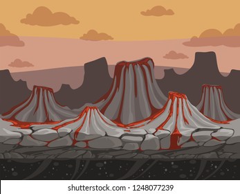 Volcanoes seamless game background. Rockie ground with stones prehistoric outdoor vector landscape in cartoon style