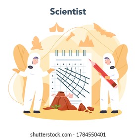 Volcanologist concept. Geologist studying the processes and activity of volcanoes and current and historic eruption. Volcanic activity with magma and smoke. Isolated vector illustration