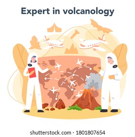 Concepto volcanólogo. Geólogo estudiando los procesos y la actividad de los volcanes y la erupción actual e histórica. Actividad volcánica con magma y humo. Ilustración vectorial aislada