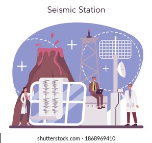 Volcanologist concept. Geologist studying the processes and activity of volcanoes and current and historic eruption. Volcanic seismic activity observation. Isolated vector illustration