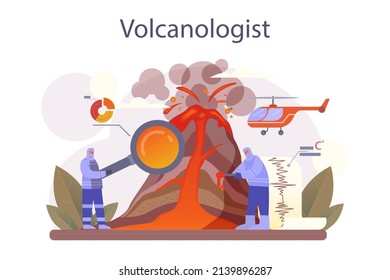 Volcanologist concept. Geologist studying the processes and activity of volcanoes, current and historic eruption. Volcanic seismic activity observation. Flat vector illustration