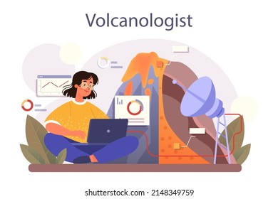 Volcanologist concept. Geologist studying the processes and activity of volcanoes, current and historic eruption. Volcanic seismic activity observation. Flat vector illustration