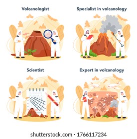 Volcanologist concept set. Geologist studying the processes and activity of volcanoes and current and historic eruption. Volcanic activity with magma and smoke. Isolated vector illustration