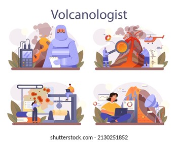 Volcanologist concept set. Geologist studying the processes and activity of volcanoes, current and historic eruption. Volcanic seismic activity observation. Flat vector illustration