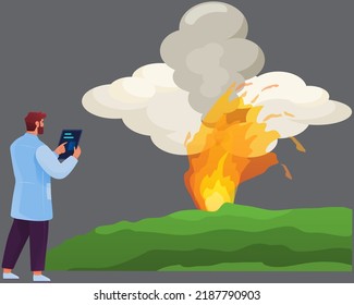 Volcanologist with equipment measures seismic activity. Man looking at volcano eruption. Scientist analyzes geological information, studies nature disaster. ulcanology, geology science concept