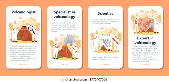 Banner-Set für mobile Applikationen von Vulkanologen. Geologe, der die Prozesse und Aktivitäten von Vulkanen und aktuellen und historischen Ausbrüchen untersucht. Einzelne Vektorgrafik