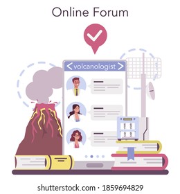 Volcanologist online service or platform. Geologist studying the processes and activity of volcanoes. Online forum. Isolated vector illustration