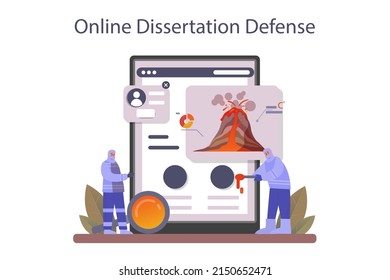 Volcanologist online service or platform. Geologist studying the processes and activity of volcanoes. Volcanic seismic activity observation. Online dessertation defense. Flat vector illustration
