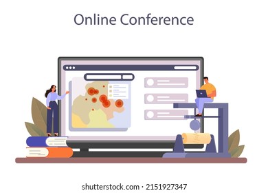 Volcanologist online service or platform. Geologist studying the processes and activity of volcanoes. Volcanic seismic activity observation. Online conference. Flat vector illustration