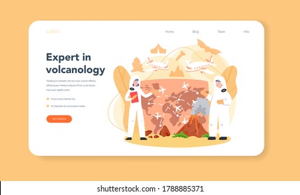 Volcanologist web banner or landing page. Geologist studying the processes and activity of volcanoes and current and historic eruption. Isolated vector illustration
