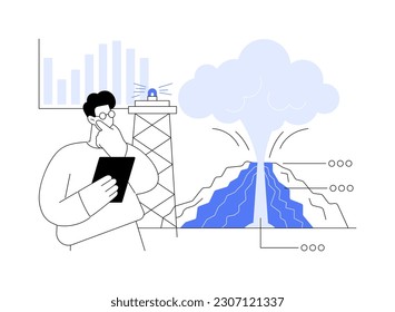 Abstraktes Konzept der Vulkanologie, Vektorgrafik. Vulkanausbrüche, Vulkanologie-Disziplin, Universitätsstudium, postgraduale Ausbildung, wissenschaftliche Forschung und Vorhersage abstrakte Metapher.