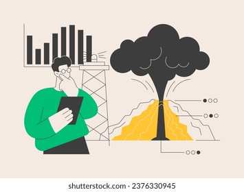 Abstraktes Konzept der Vulkanologie, Vektorgrafik. Vulkanausbrüche, Vulkanologie-Disziplin, Universitätsstudium, postgraduale Ausbildung, wissenschaftliche Forschung und Vorhersage abstrakte Metapher.