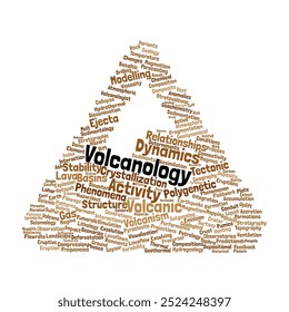 Wolke der Vulkanologie. Zusammenstellung von Wörtern, die mit Vulkanen, Eruptionen und geologischen Phänomenen zusammenhängen. Einziger Hintergrund.