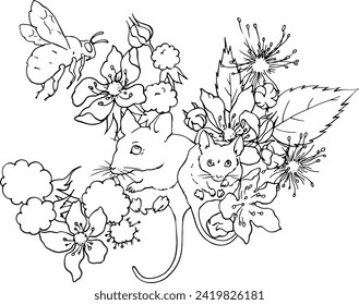 Vole mice in blackberry bushes. Blackberry flowers, leaves and berries with little mice on the branches. Vector image for coloring pages for printing, printing on dishes, packaging of sweets, cosmetic