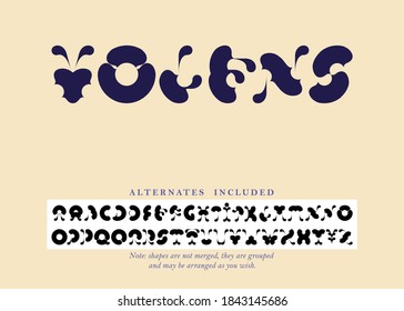 Volens font set with alternates included for A, D, I, M, N, O, P, Q, R, T, U, W, X, Y. Characters are not merged, they are grouped and can be arranged differently according to the users wish. 