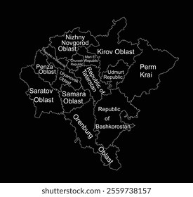 Volga federal district map vector silhouette illustration isolated on black background. Russian federation province. Privolzhsky federal district map. Volga line contour district map.