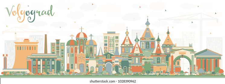 Línea aérea de Volgogrado en la ciudad de Rusia con edificios de color. Ilustración vectorial. Concepto de viajes de negocios y turismo con arquitectura histórica. El paisaje urbano de Volgogrado con puntos de referencia.