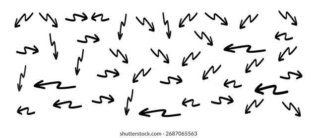 Vollendung von verschiedenen handgezeichneten Pfeilen und quietschenden Linien auf weißem Hintergrund. Pfeilsymbol. Pfeile Symbole Big Set Line-Symbolsammlung, einzeln auf weißem Hintergrund. Vektorgrafik.