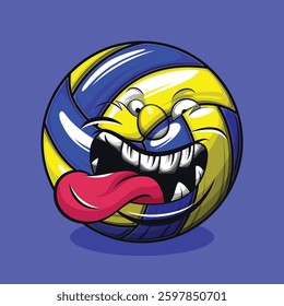Volley ball cartoon mascot. Groovy character in trendy style. Happy and positive volley ball comic face illustration.