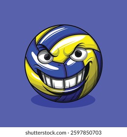 Volley ball cartoon mascot. Groovy character in trendy style. Happy and positive volley ball comic face illustration.