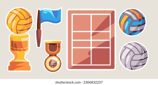 Volley ball game sport field to award cup object set collection drawing illustration sticker doodle cartoon style
