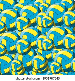 Fondo de las bolas de voleibol. Montón de bolas clásicas de voley azul y amarillo