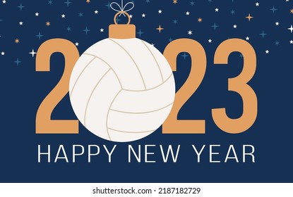 Volleyball 2023 Happy New Year. Sports greeting card with volleyball ball on the flat background. Vector illustration.