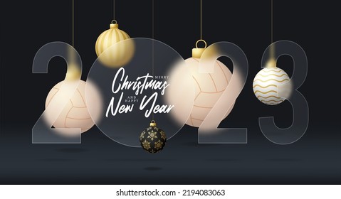 volleyball 2023 new year sale banner or greeting card. happy new year and merry christmas sport banner with glassmorphism, glass-morphism or glass morphism blur effect. Realistic vector illustration.