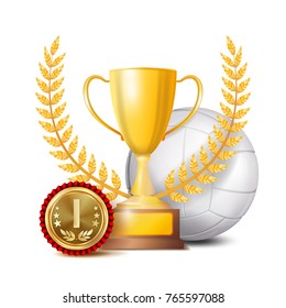 Volleyball Achievement Award Vector. Sport Banner Background. White Ball, Winner Cup, Golden 1st Place Medal. Realistic Isolated Illustration
