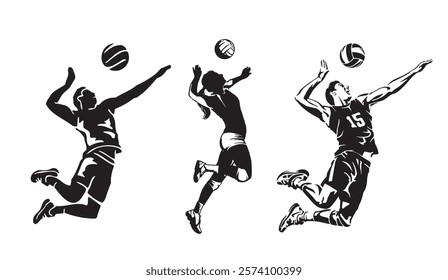 Volleyball Action Silhouettes, Three Players in Mid-Air, Displaying Diverse Skills and Team Spirit, Engaged in a Dynamic Volleyball Match, Ready to Smash or Set