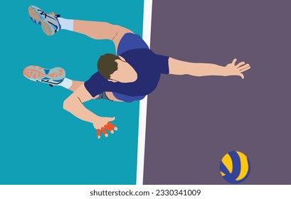 A volleyball athlete serving while jumping is seen from above