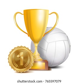 Volleyball Award Vector. Sport Banner Background. White Ball, Gold Winner Trophy Cup, Golden 1st Place Medal. 3D Realistic Isolated Illustration