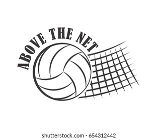 Volleyball badge, creative label above the net for players competing in sport game, athletes and coaches motto, t-shirt badge for fan zone or volunteers, vector illustration